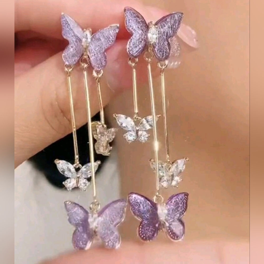 Gentle Alloy Exquisite Purple Butterfly Long Tassel Drop Earrings